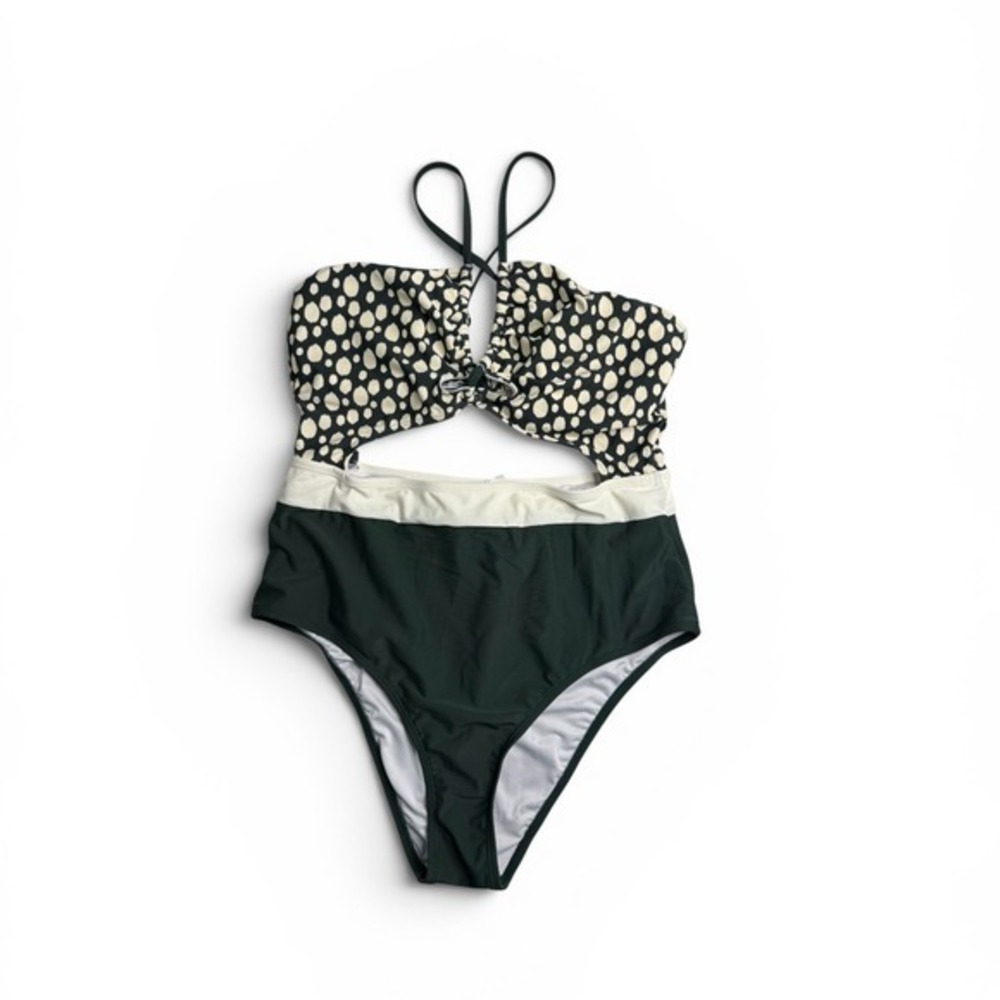 Cupshe NWT Forest Green Polka Dot Color Block Cutout One Piece Swimsuit Large